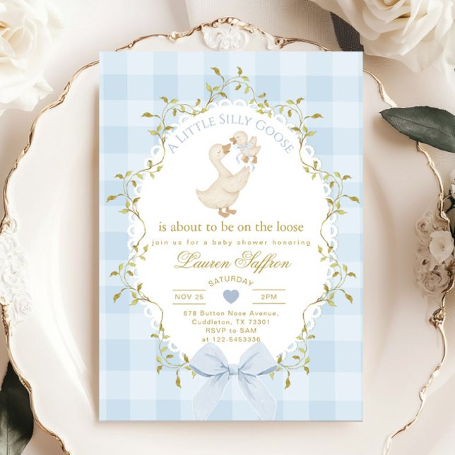 Dumma gås blå gingham babypojke shower inbjudningar (Skapare uppladdad)