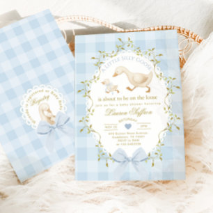 Dumma gås blå gingham babypojke shower inbjudningar