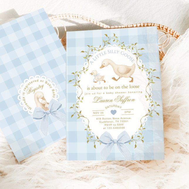Dumma gås blå gingham babypojke shower inbjudningar (Skapare uppladdad)