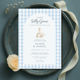 Dumma gås blå Gingham Par Babyfirande Inbjudningar