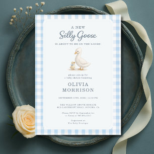 Dumma gås Blå pojke Gingham Baby Shower Inbjudningar