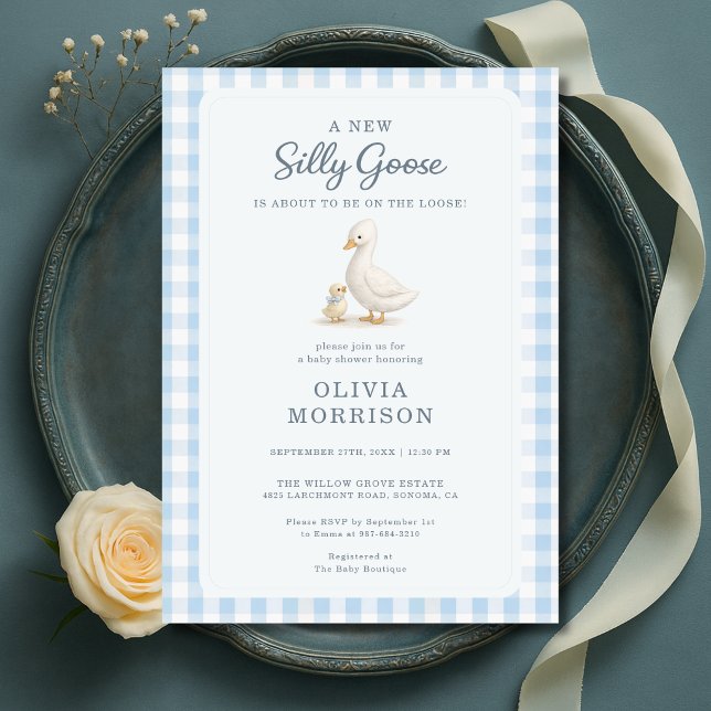 Dumma gås Blå pojke Gingham Baby Shower Inbjudningar (Skapare uppladdad)
