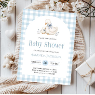 Dumma gås blå rutig anka baby shower inbjudningar