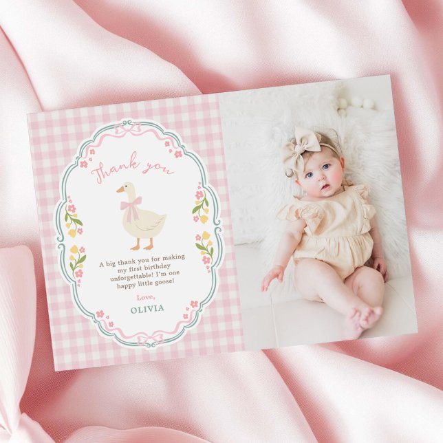 Dumma Gås Blommig Gingham Födelsedagsfoto Tack Kort (Skapare uppladdad)