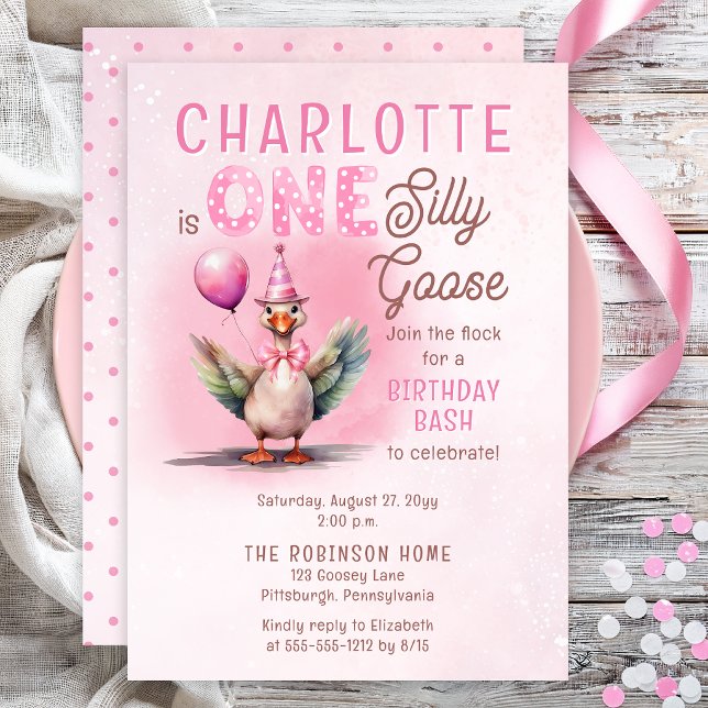 Dumma Gås Första Födelsedag Rosa Tjej Fest Inbjudningar (Sweet pink silly goose first birthday invitation with watercolor party goose and balloon)