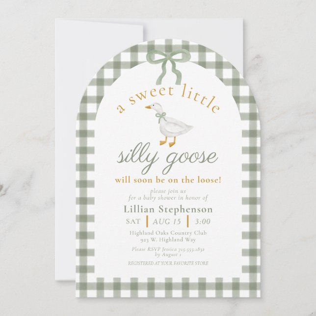 Dumma gås grön gingham valv baby shower QR-kod Inbjudningar (Framsida)