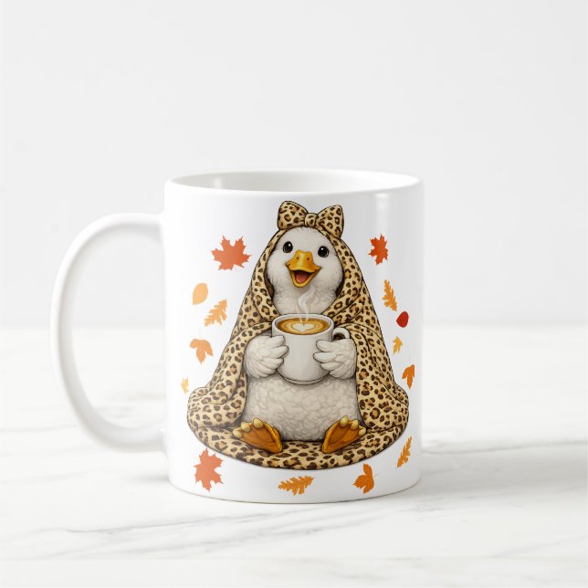 Dumma gås insvept i leopardfilt med kaffe kaffemugg (Vänster)