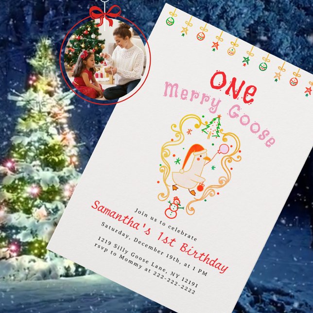 Dumma Gås Merry Christmas Födelsedagsfest Inbjudningar (Holiday invitation cute illustrated goose in a Santa hat holding a balloon, festive Christmas decor)