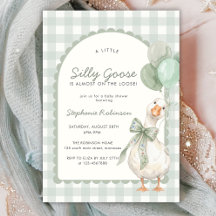 Dumma gås neutral salvia grön gingham baby shower