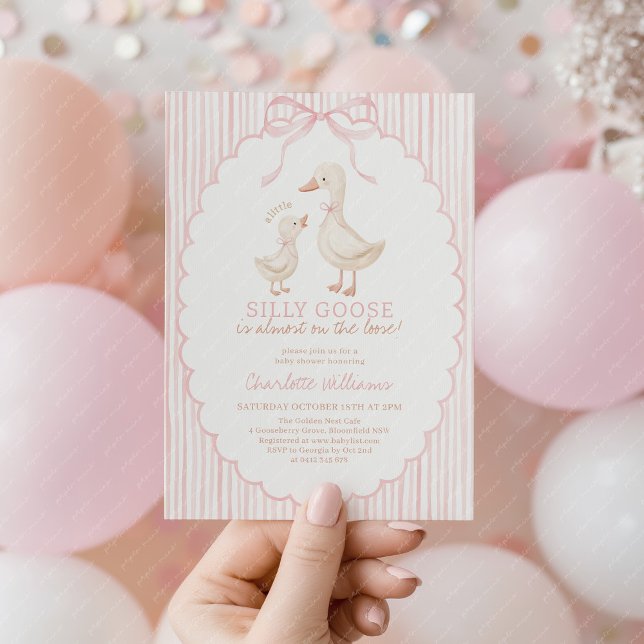 Dumma gås rosa babyflicka shower inbjudningar (A little Silly Goose is almost on the loose! Baby Girl Baby Shower invitation with pink stripes)