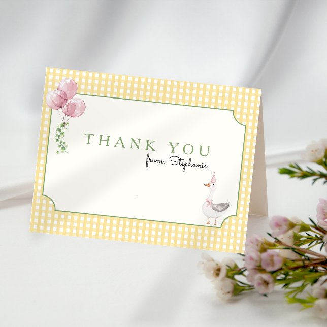 Dumma Gås Rosa Ballonger Gingham Tack Kort (Silly Goose Thank you Card)