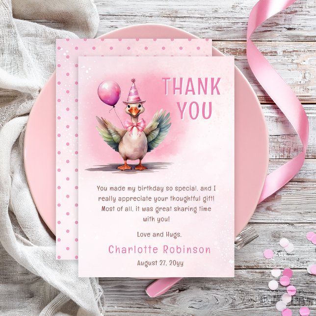Dumma Gås Rosa Första Födelsedags Flickans Party Tack Kort (Sweet silly goose thank you card with pink watercolor goose and soft pastel party design)