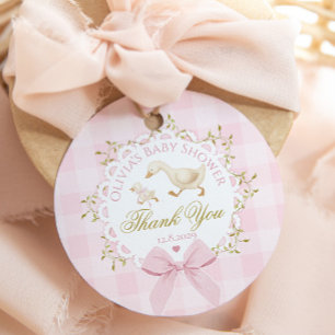Dumma gås rosa Gingham Bow Baby Shower Tack Gåvor Etiketter