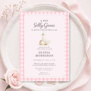 Dumma gås rosa gingham flicka baby shower inbjudningar