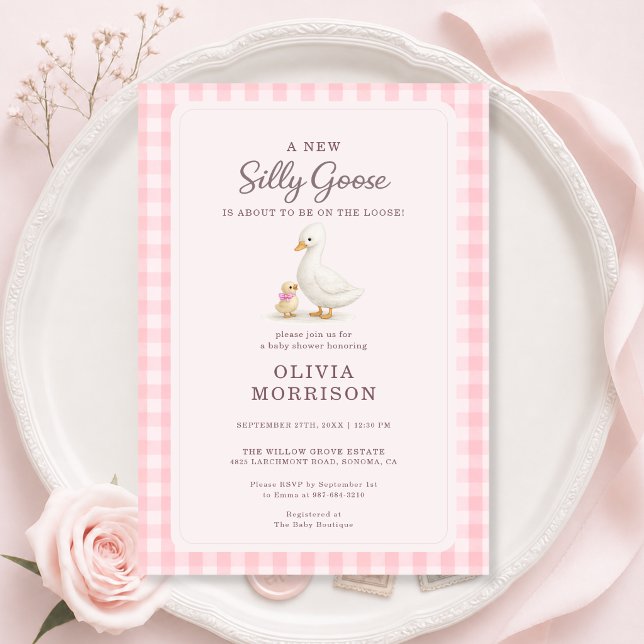Dumma gås rosa gingham flicka baby shower inbjudningar (Skapare uppladdad)