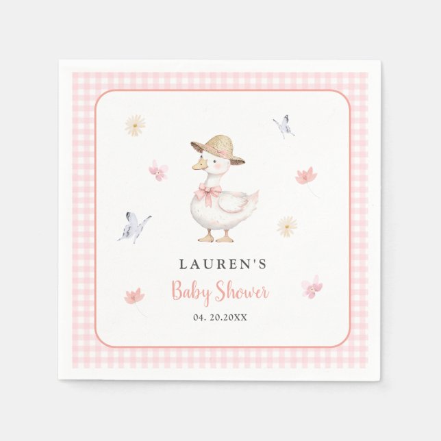 Dumma gås rosa gingham Flicka Bebis baby shower Pappersservett (Framsidan)