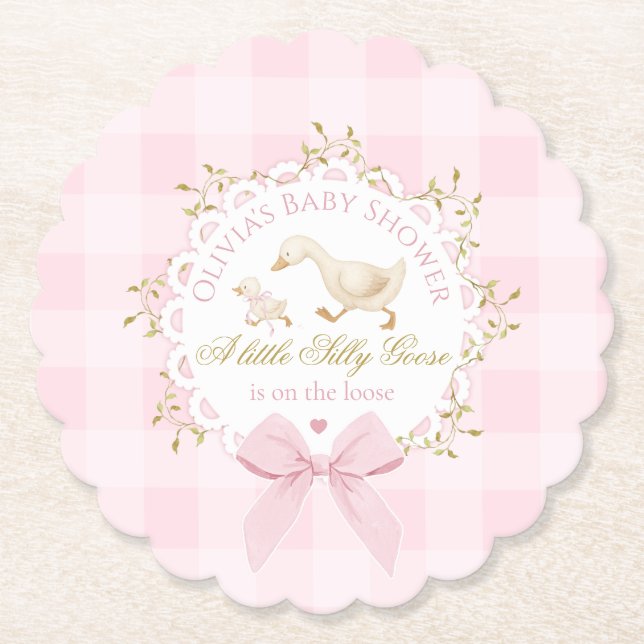 Dumma gås rosa gingham rosett baby shower underlägg papper (Framsida)