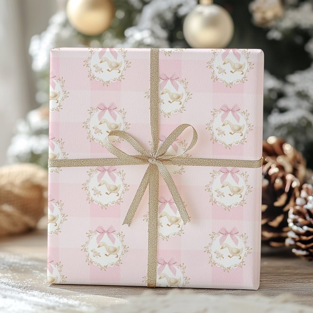 Dumma gås rosa rosett Whimsical Preppy Gingham Presentpapper (Skapare uppladdad)