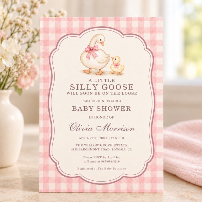 Dumma Gås Rosa Rutig Båge Bebis Duschen Inbjudningar (Skapare uppladdad)