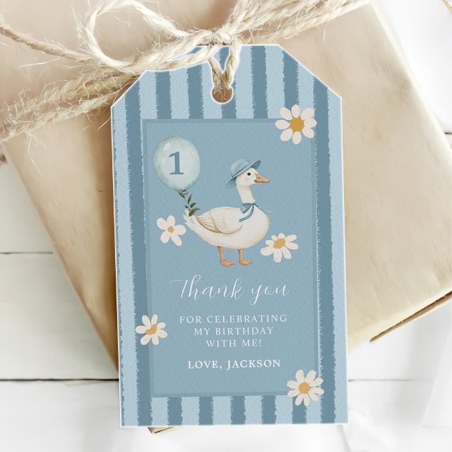 Dumma gåsen Daisy Pojke 1-års födelsedagsfest  Presentetikett (Skapare uppladdad)