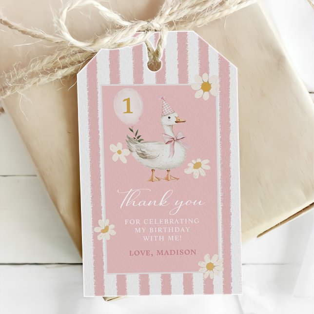 Dumma gåsen Daisys 1-års födelsedagsfest Presentetikett (Skapare uppladdad)