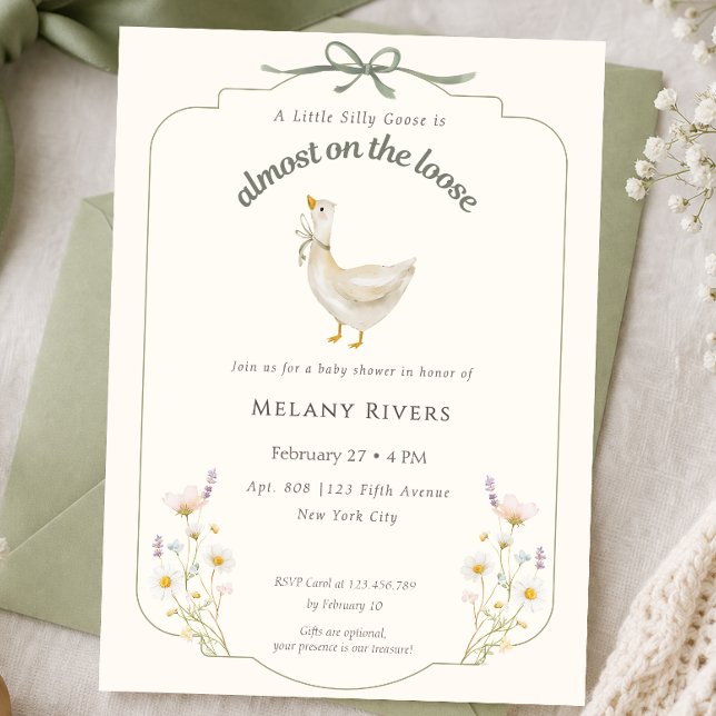 Dumma Gåsen på Loppet Flerfärgad Blommig Bebis-fes Inbjudningar (Silly Goose on the loose Sage floral Baby Shower Invitation)