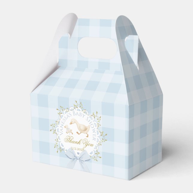 Dumma gåsens fantasifulla blå rutiga baby shower presentaskar (Framsidan Sidan)
