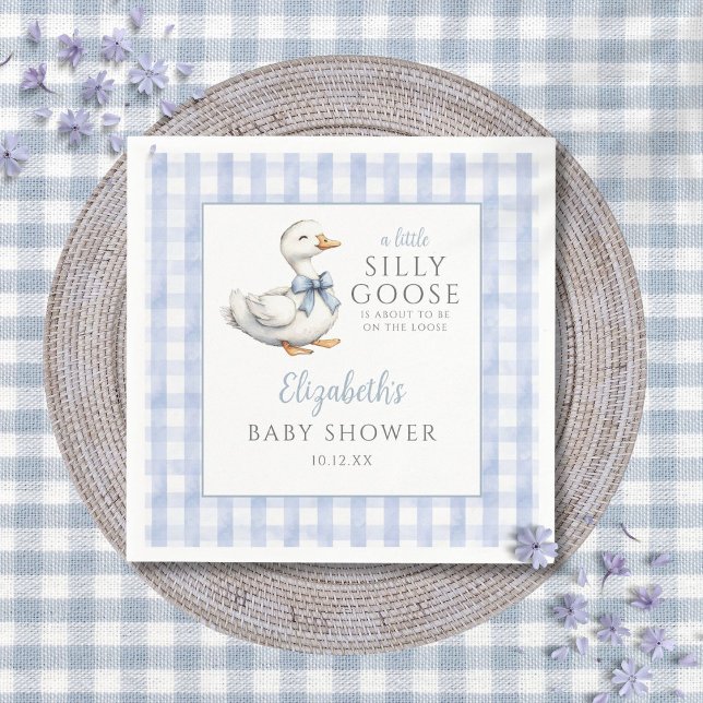 Dumma lilla gås Blå randig babyfest Pappersservett (Silly Little Goose Blue Gingham Baby Shower Napkins)