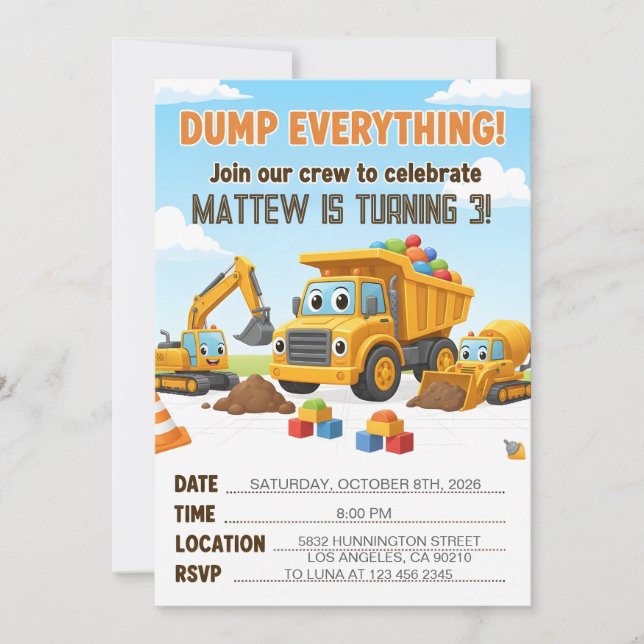 Dump Everything Construction Dump Truck Birthday Inbjudningar (Framsida)