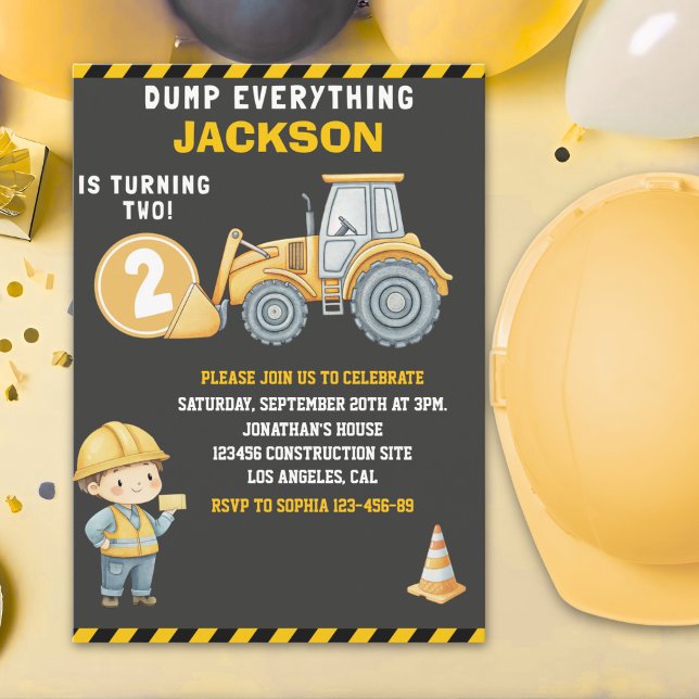 DUMP EVERYTHING – Construction Truck 2nd Birthday  Inbjudningar (Skapare uppladdad)