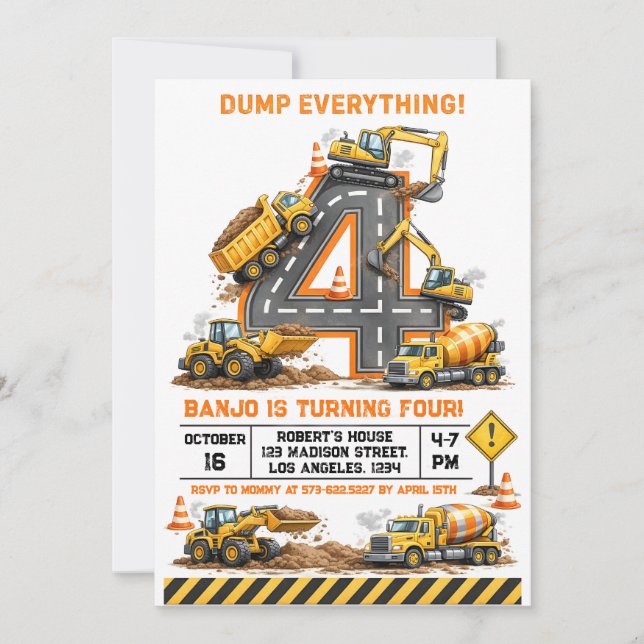 Dump Everything Construction Truck 4th Birthday Inbjudningar (Framsida)