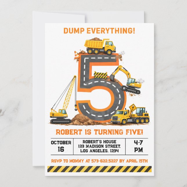 Dump Everything Construction Truck 5th Birthday Inbjudningar (Framsida)