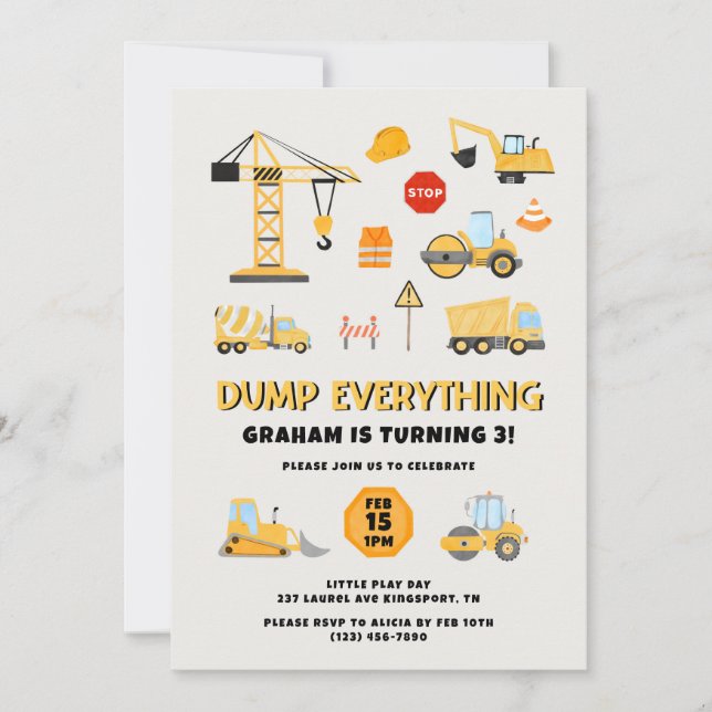 Dump Everything Konstruktions Födelsedagsfest Inbjudningar (Framsida)