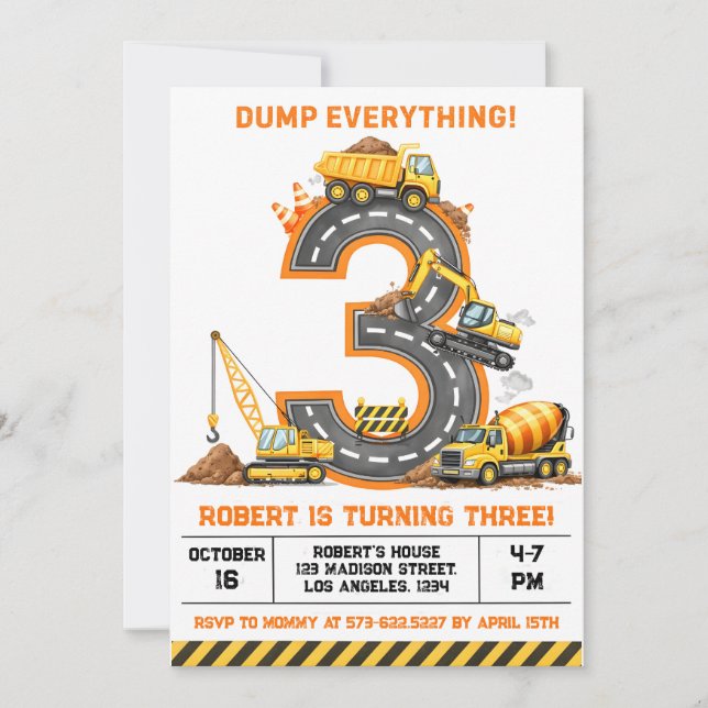 Dump Everything Konstruktionsbil 3-årsdag Inbjudningar (Framsida)