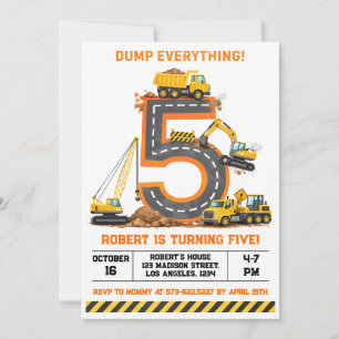 Dump Everything Konstruktionsbil 5-årsdag Inbjudningar