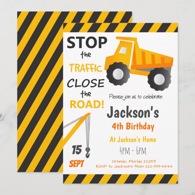 Dump Truck Födelsedagsinbjudan Inbjudningar (Fram/baksida)