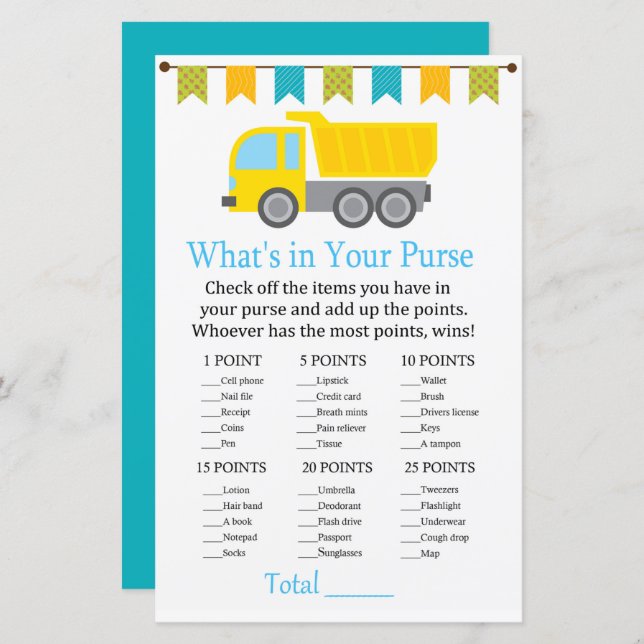 Dumper Lastbil Vad har du i handväskan spel baby s (Fram/baksida)