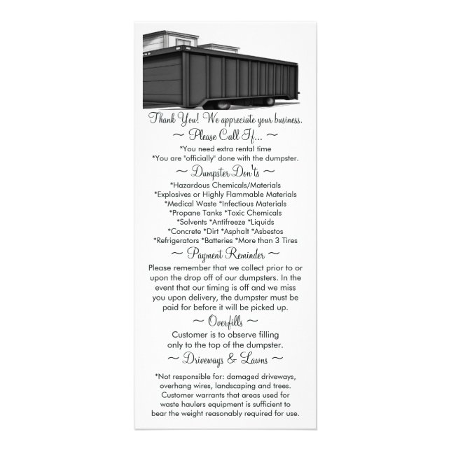 Dumpster Rental Customer Handout Reklamkort (Framsidan)