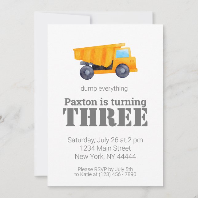 Dumptrucken lastbil Construction Party Inbjudningar (Framsida)