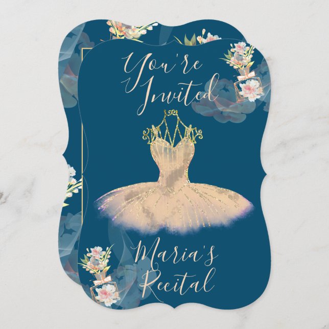 Dun Rosa Guld Ballerina Klänning Blommig Parfym Inbjudningar (Fram/baksida)