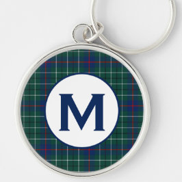 Duncan Family Tartan Grönt och Blue Play Monogram Rund Silverfärgad Nyckelring