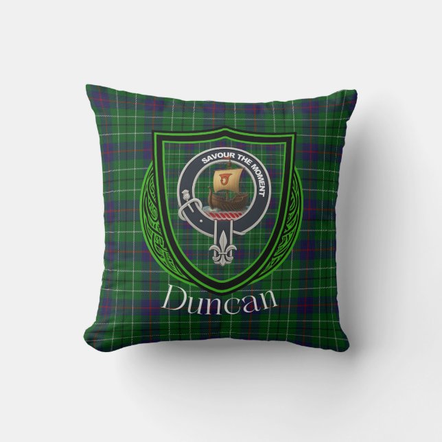 Duncan skotsk klan-tartan och vapensköld kudde (Framsida)