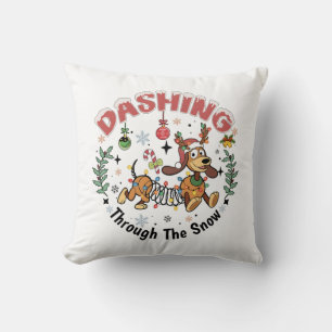 Dundrar genom snön Rolig Dachshund Hund Jul Kudde