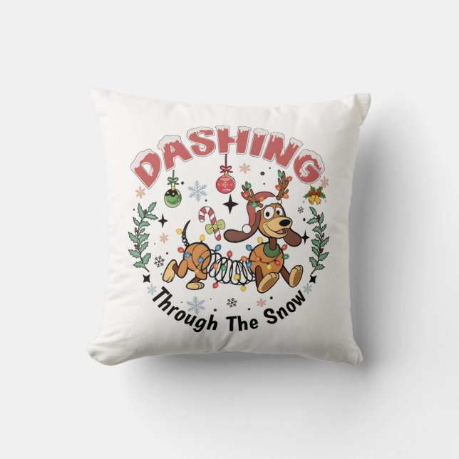 Dundrar genom snön Rolig Dachshund Hund Jul Kudde (Framsida)
