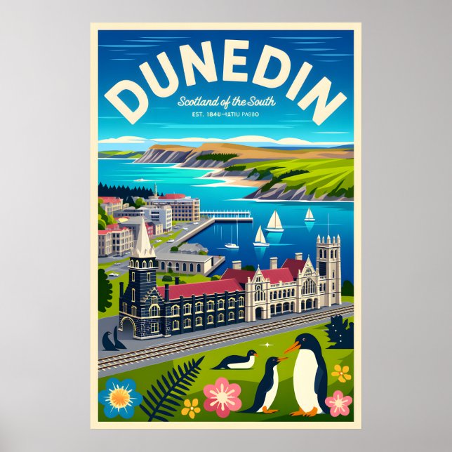 Dunedin Nya Zeeland Retro Resemallar Poster Konst (Framsidan)