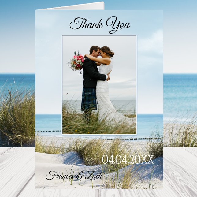 Dunes och Beach Wedding Photo Tackkort Card OBS Kort (Wedding Thank You note card featuring your own wedding photo framed by dunes overlooking a beach)