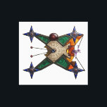 Dungeon Artifact Canvastryck<br><div class="desc">An intricate mystical device that merges ancient alchemy with precise geometry. This X-shaped artifact features a central bone-colored disc engraved with cryptic cuneiform, crowned by a massive star ruby. The frame is heavily inlaid with concentric malachite, deep blue lapis lazuli, and warm amber fragments. Four navigational star-compasses at the tips...</div>