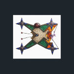 Dungeon Artifact Canvastryck<br><div class="desc">An intricate mystical device that merges ancient alchemy with precise geometry. This X-shaped artifact features a central bone-colored disc engraved with cryptic cuneiform, crowned by a massive star ruby. The frame is heavily inlaid with concentric malachite, deep blue lapis lazuli, and warm amber fragments. Four navigational star-compasses at the tips...</div>