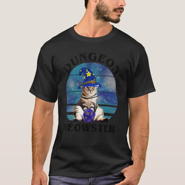 Dungeon Meowster Cat D20 Tabletop Gamer T Shirt (Framsida)