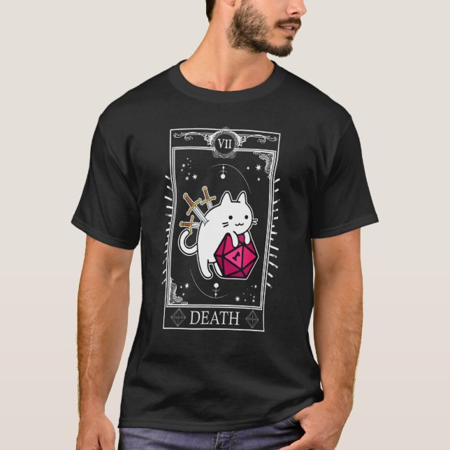 Dungeon Tarot Card Cat Dice D20 T Shirt (Framsida)